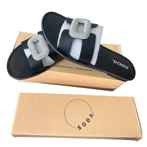 Soda Black Slide Sandals with Silver Rhinestone Buckles